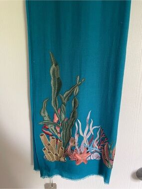 Teal Ocean Botanical Embroidered Scarf